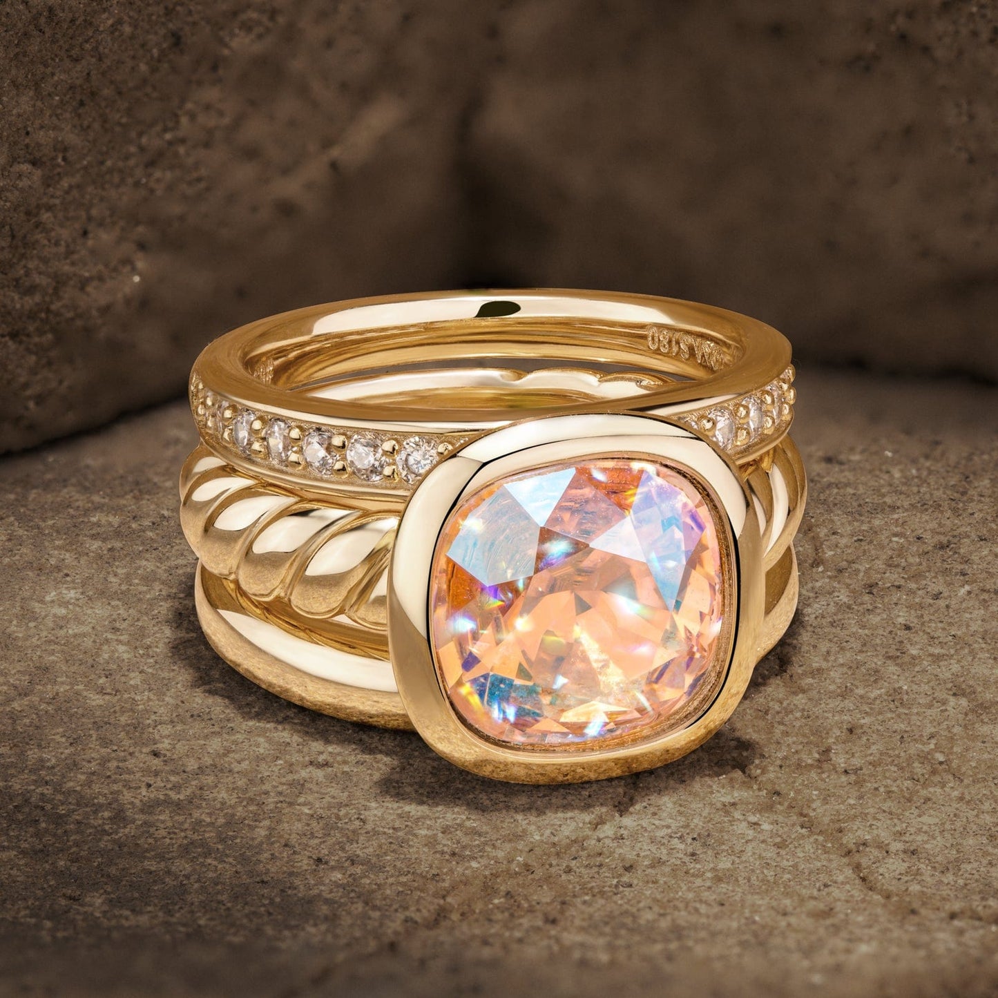 Created With Swarovski® Crystals - Cushion Modified Brilliant Cut Fancy Vivid Pink Classic Stackable Rings Set 14K Yellow Gold Plated