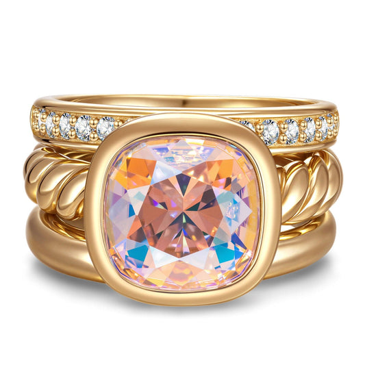 gona- Created With Swarovski® Crystals - Cushion Modified Brilliant Cut Fancy Vivid Pink Classic Stackable Rings Set 14K Yellow Gold Plated