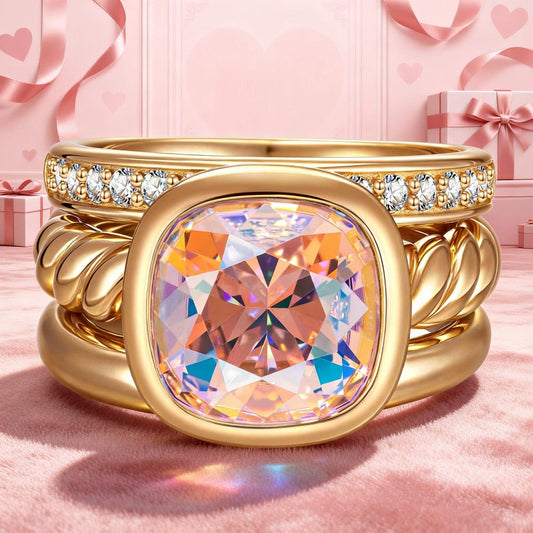 gona- Created With Swarovski® Crystals - Cushion Modified Brilliant Cut Fancy Vivid Pink Classic Stackable Rings Set 14K Yellow Gold Plated