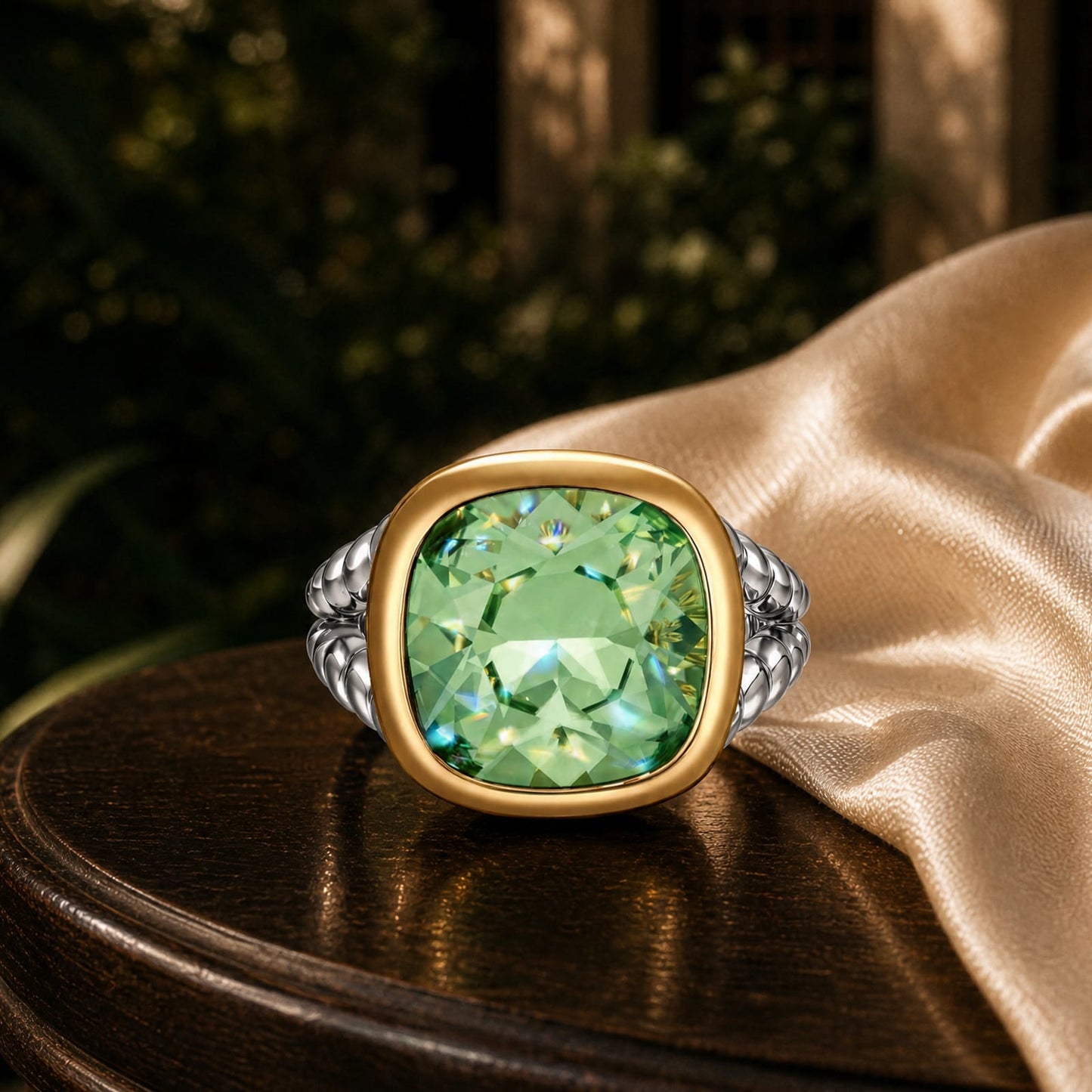 Created With Swarovski® Crystals - Cushion Modified Brilliant Cut Peridot Color Classic Engagement Ring Two-Tone Plating