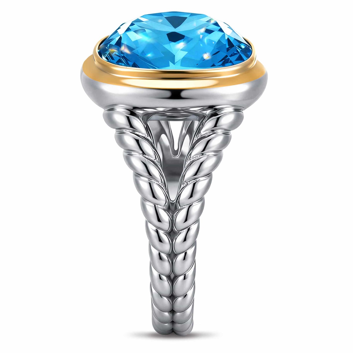 Created With Swarovski® Crystals - Cushion Modified Brilliant Cut Aquamarine Color Classic Engagement Ring Two-Tone Plating