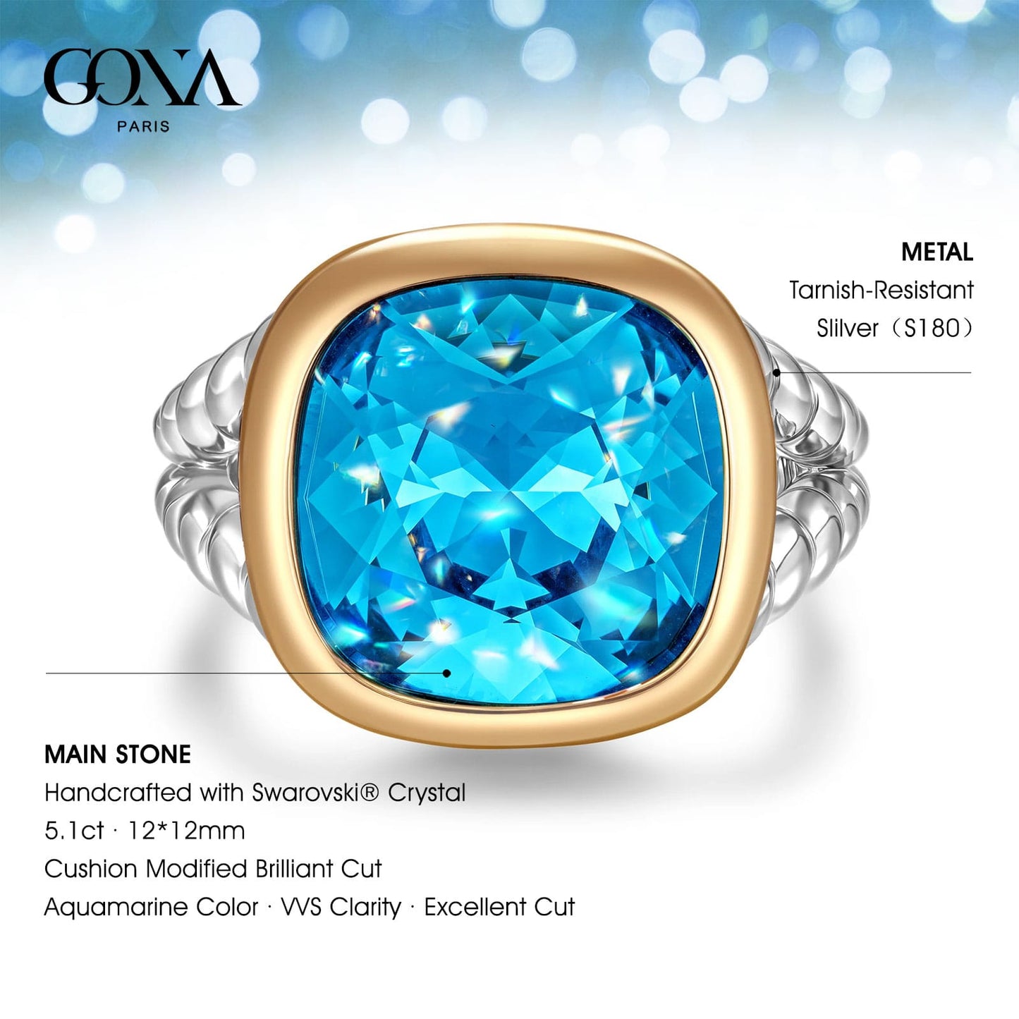 Created With Swarovski® Crystals - Cushion Modified Brilliant Cut Aquamarine Color Classic Engagement Ring Two-Tone Plating