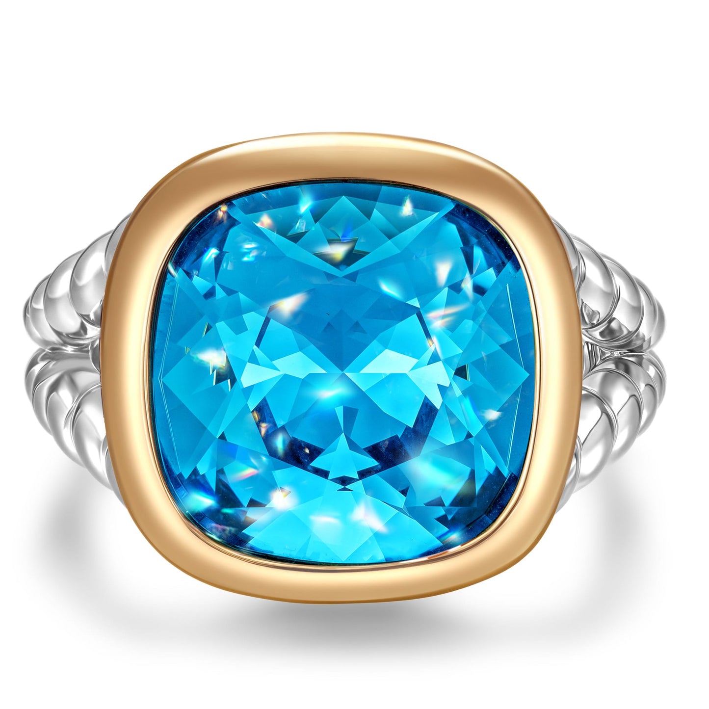 Created With Swarovski® Crystals - Cushion Modified Brilliant Cut Aquamarine Color Classic Engagement Ring Two-Tone Plating
