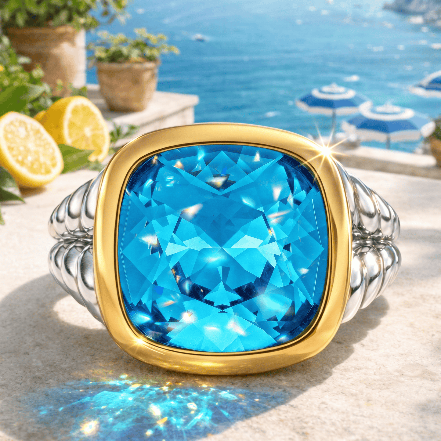 Created With Swarovski® Crystals - Cushion Modified Brilliant Cut Aquamarine Color Classic Engagement Ring Two-Tone Plating