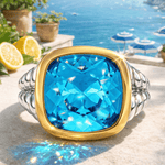 Created With Swarovski® Crystals - Cushion Modified Brilliant Cut Aquamarine Color Classic Engagement Ring Two-Tone Plating