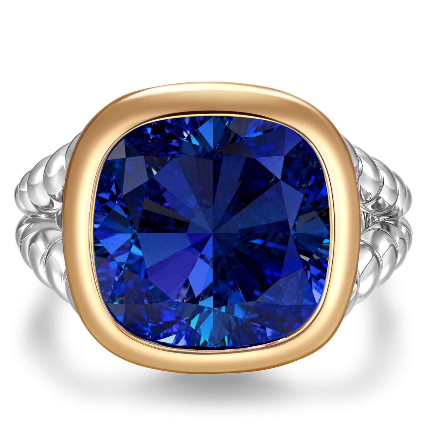 Created With Swarovski® Crystals - Cushion Modified Brilliant Cut Sapphire Color Classic Engagement Ring Two-Tone Plating