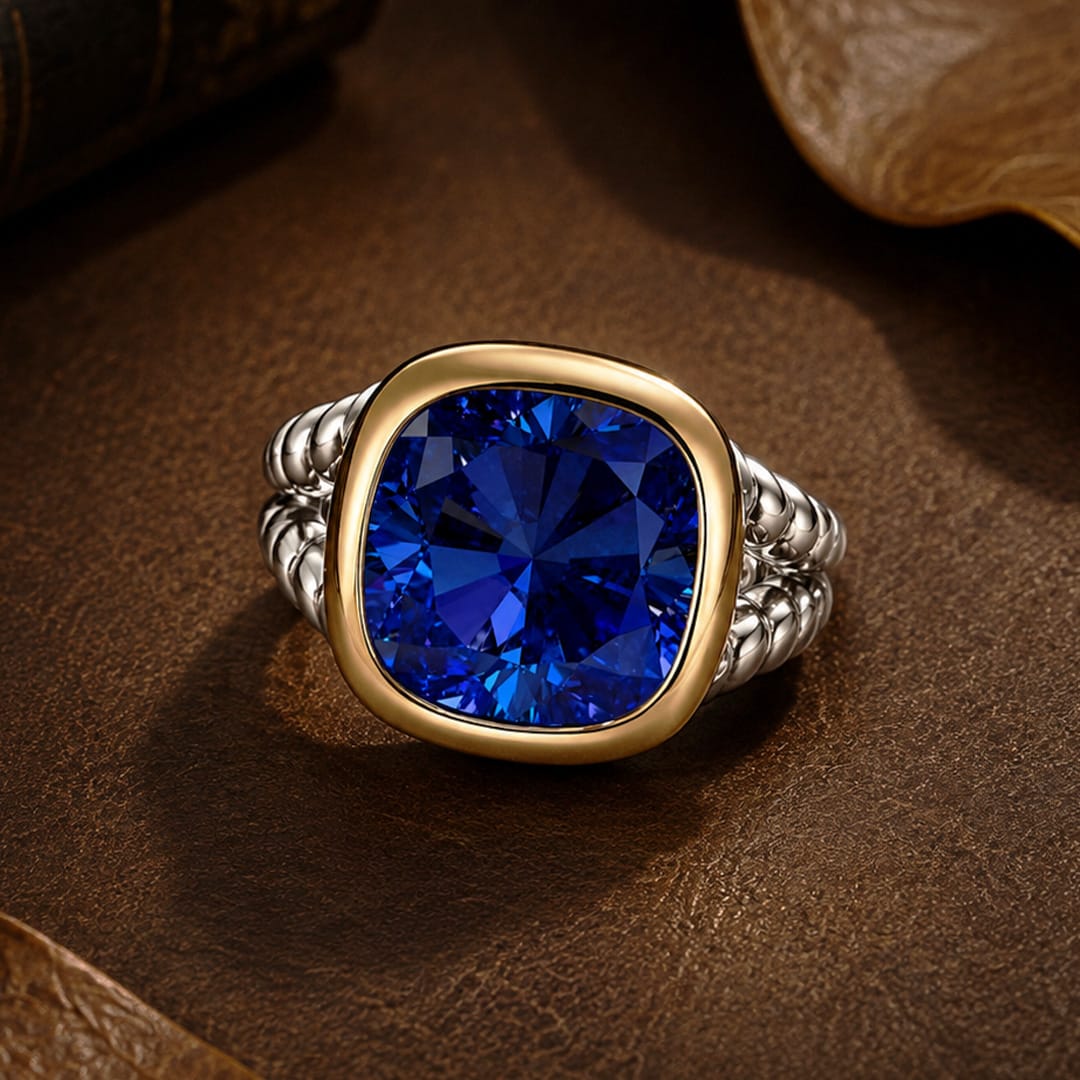Created With Swarovski® Crystals - Cushion Modified Brilliant Cut Sapphire Color Classic Engagement Ring Two-Tone Plating