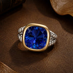 Created With Swarovski® Crystals - Cushion Modified Brilliant Cut Sapphire Color Classic Engagement Ring Two-Tone Plating