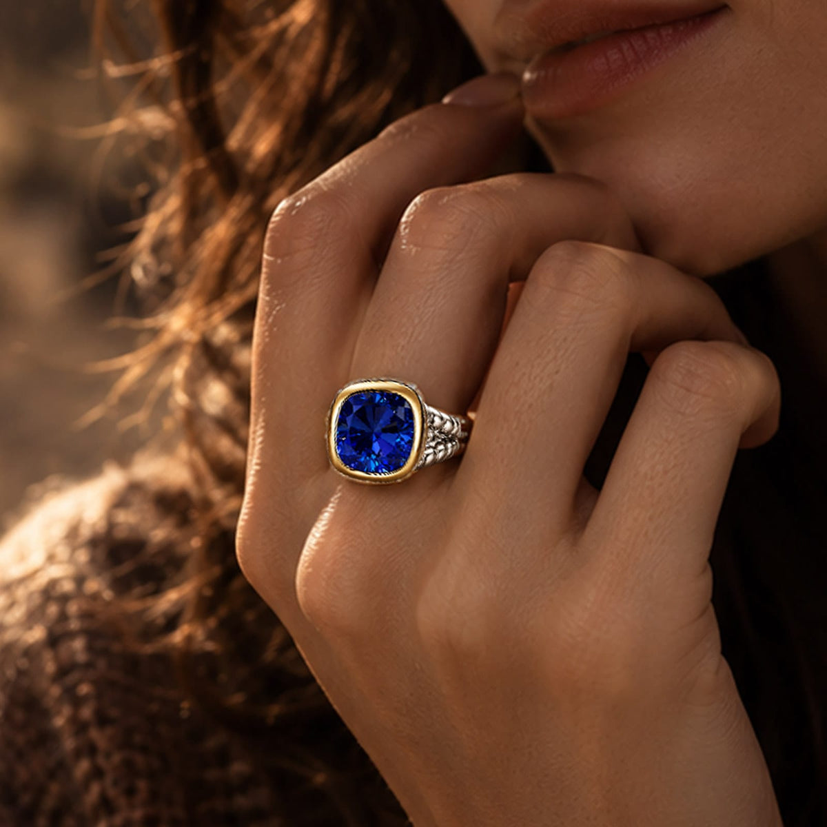 Created With Swarovski® Crystals - Cushion Modified Brilliant Cut Sapphire Color Classic Engagement Ring Two-Tone Plating
