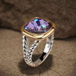 Created With Swarovski® Crystals - Cushion Modified Brilliant Cut Tanzanite Color Classic Engagement Ring Two-Tone Plating