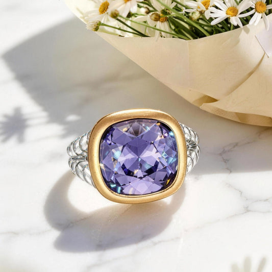 gon- Created With Swarovski® Crystals - Cushion Modified Brilliant Cut Tanzanite Color Classic Engagement Ring Two-Tone Plating
