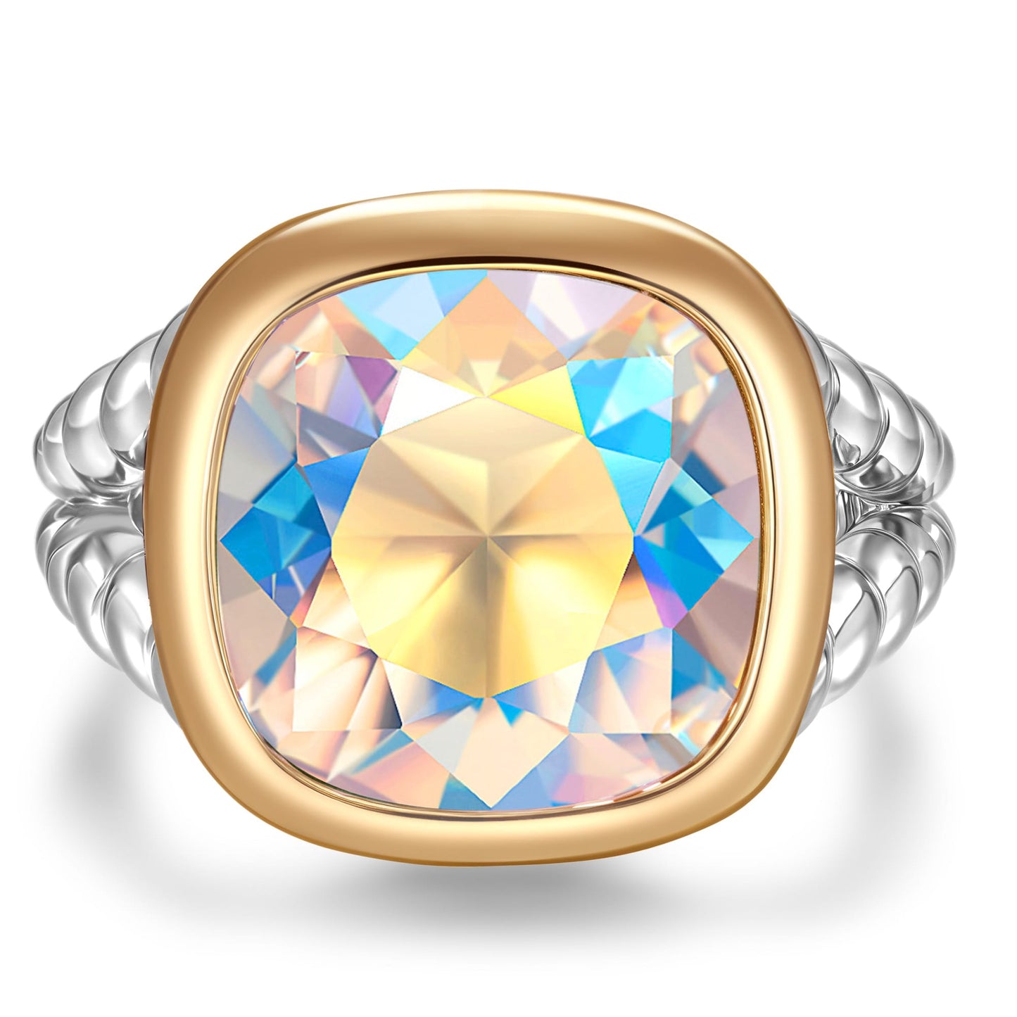 Created With Swarovski® Crystals - Cushion Modified Brilliant Cut Moonlight Color Classic Engagement Ring Two-Tone Plating
