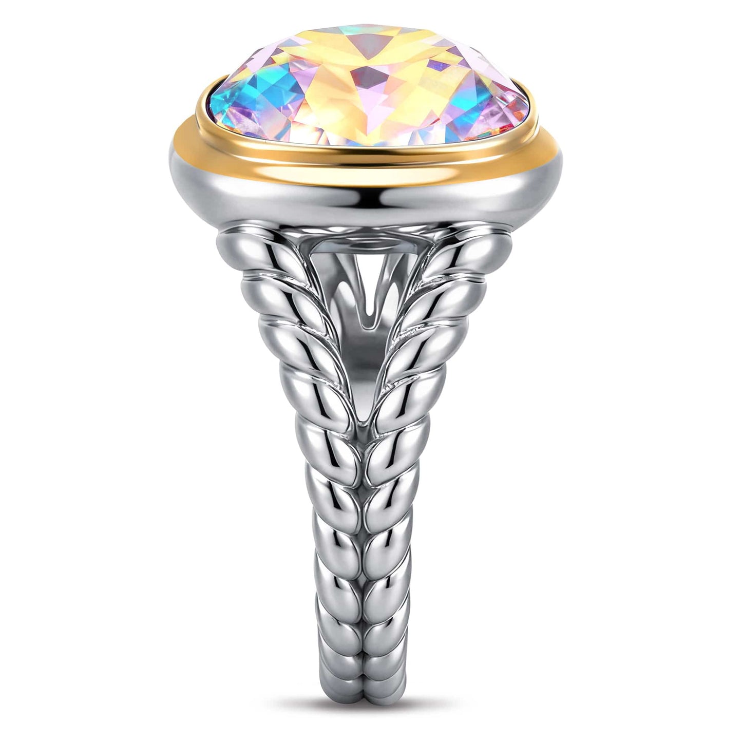 Created With Swarovski® Crystals - Cushion Modified Brilliant Cut Moonlight Color Classic Engagement Ring Two-Tone Plating