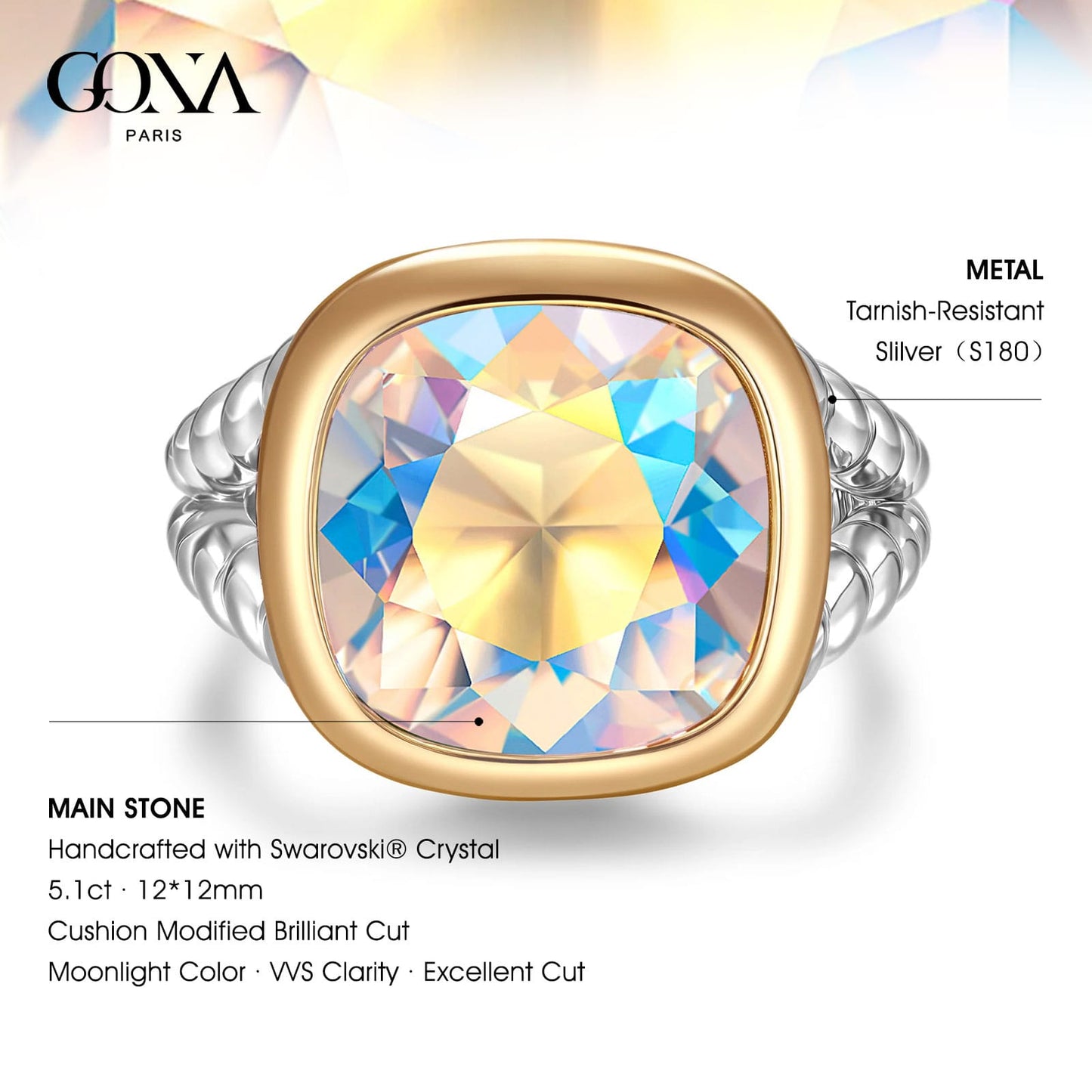 Created With Swarovski® Crystals - Cushion Modified Brilliant Cut Moonlight Color Classic Engagement Ring Two-Tone Plating