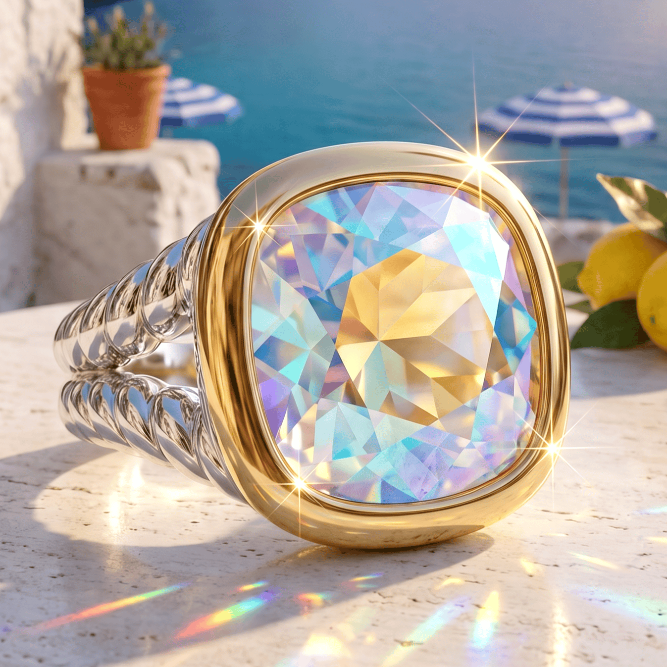 Created With Swarovski® Crystals - Cushion Modified Brilliant Cut Moonlight Color Classic Engagement Ring Two-Tone Plating