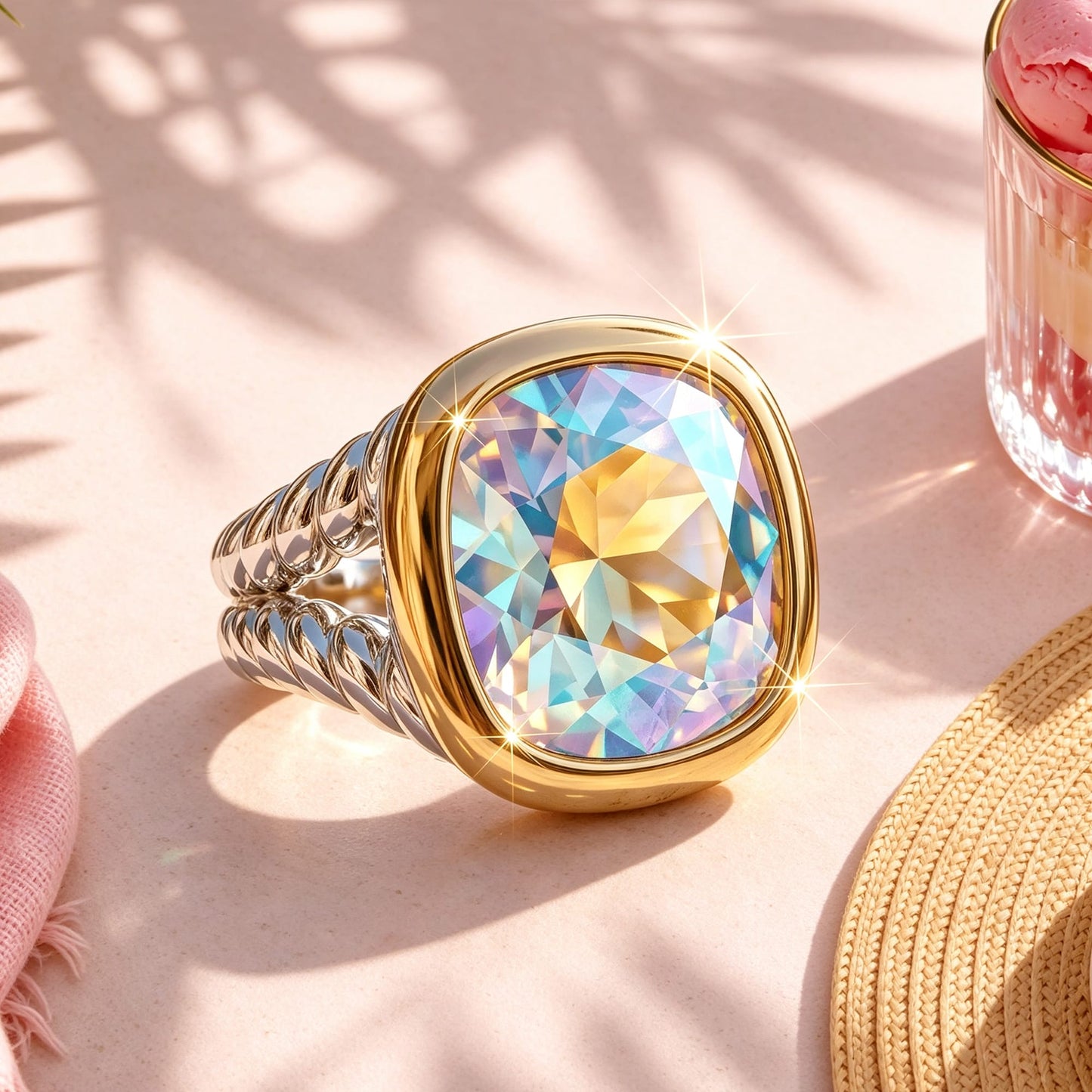 Created With Swarovski® Crystals - Cushion Modified Brilliant Cut Moonlight Color Classic Engagement Ring Two-Tone Plating