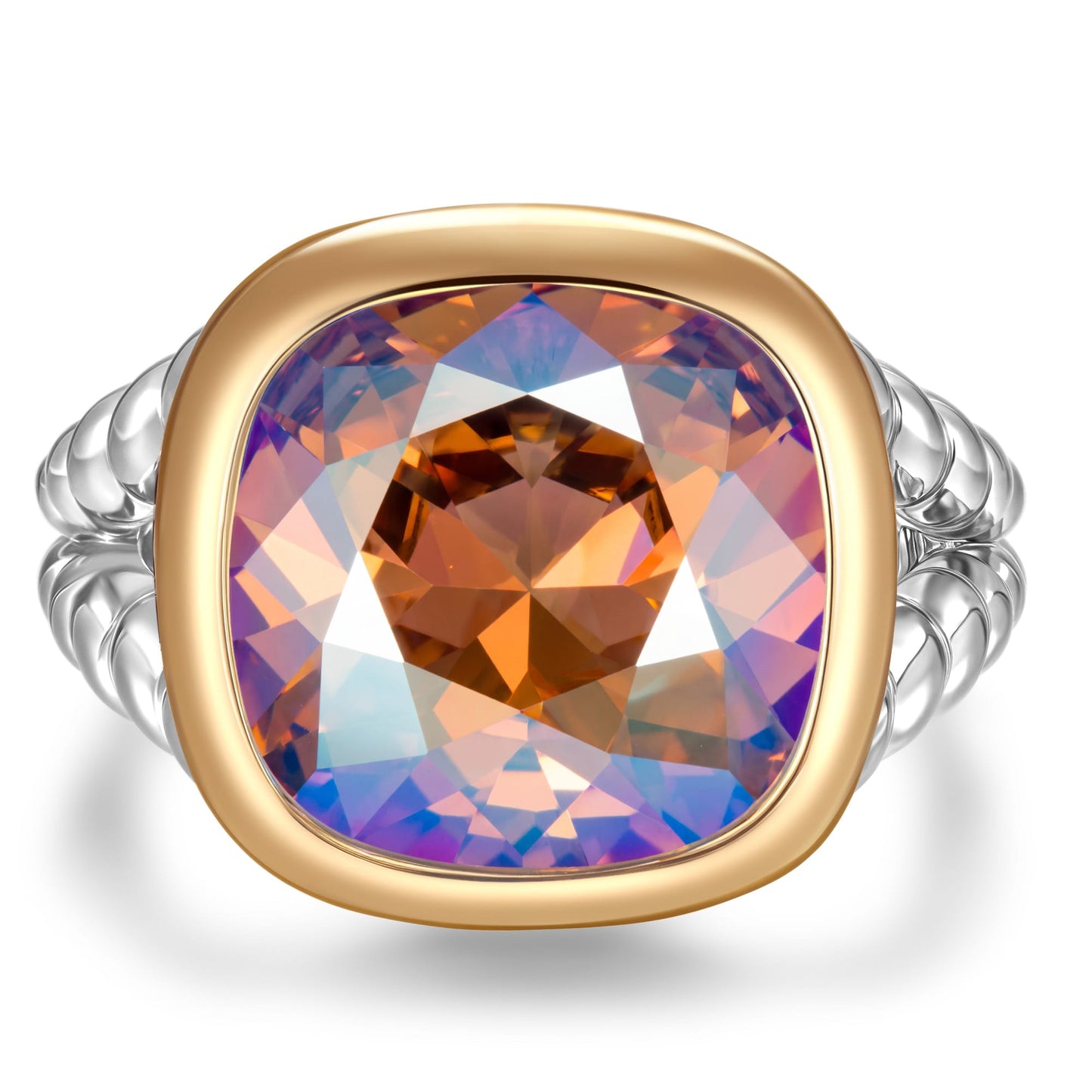Created With Swarovski® Crystals - Cushion Modified Brilliant Cut Light Colorado Topaz Shimmer Color Classic Engagement Ring Two-Tone Plating