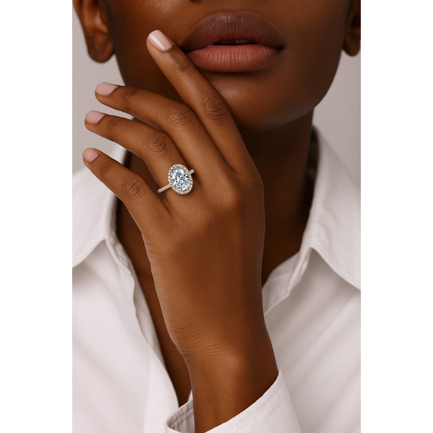 Lab-Certified Oval Brilliant Cut Moissanite - Halo Classic Engagement Ring 14K Yellow Gold Plated (Includes GRA Certification from Gemological Research Association)
