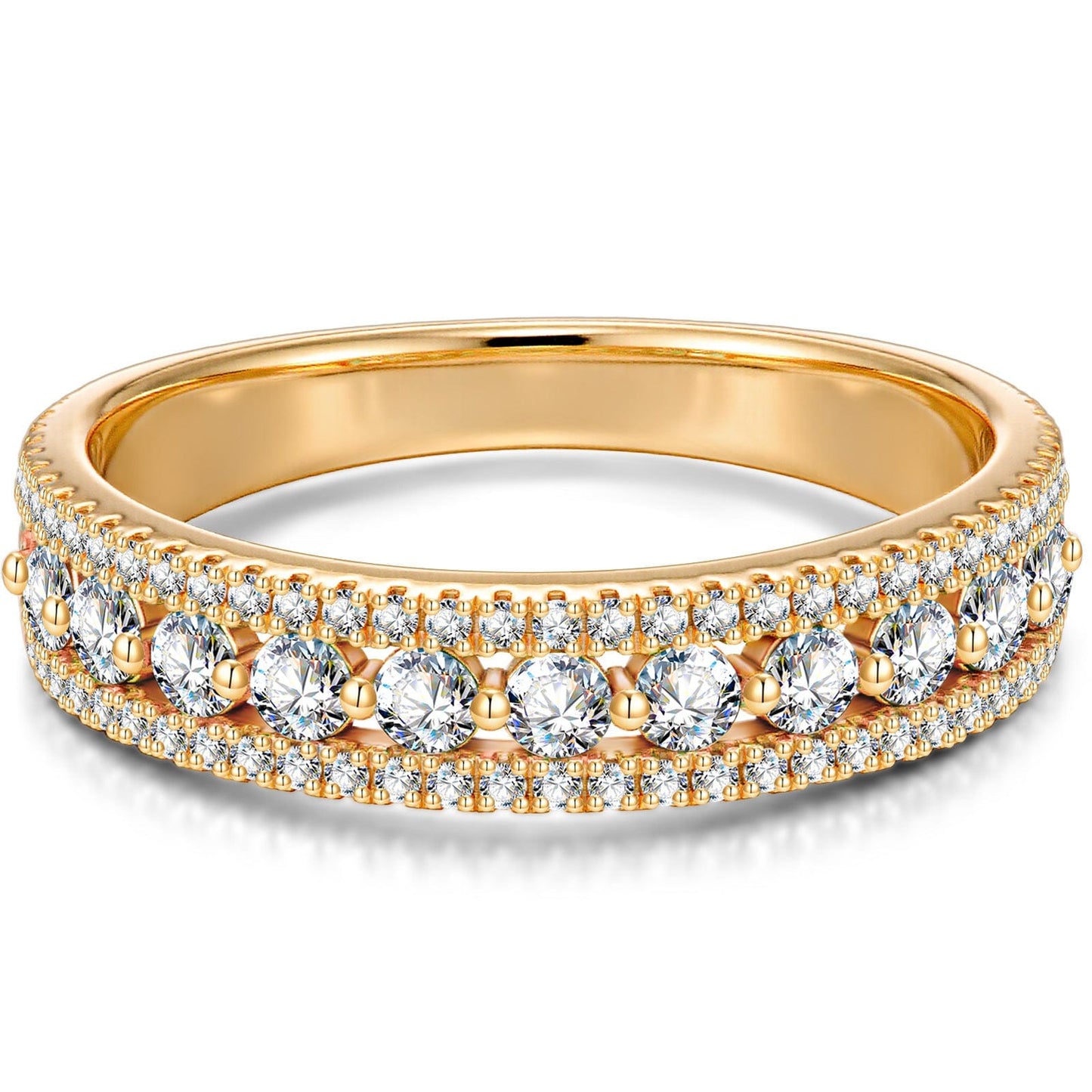 Lab-Certified Round Brilliant Cut Moissanite - Half Eternity Ring 14K Yellow Gold Plated (Includes GRA Certification from Gemological Research Association)