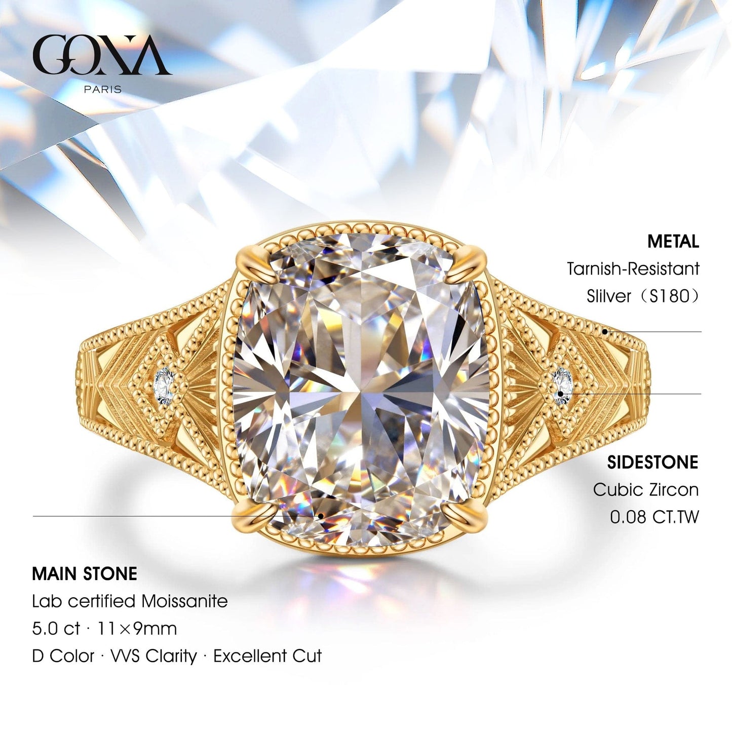 11*9mm Lab-Certified Cushion Modified Brilliant Cut Moissanite - Pave Classic Engagement Ring 14K Yellow Gold Plated (Includes GRA Certification from Gemological Research Association)