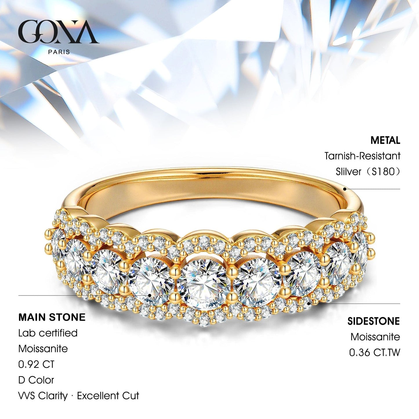 Lab-Certified Round Brilliant Cut Moissanite - Half Eternity Ring 14K Yellow Gold Plated (Includes GRA Certification from Gemological Research Association)