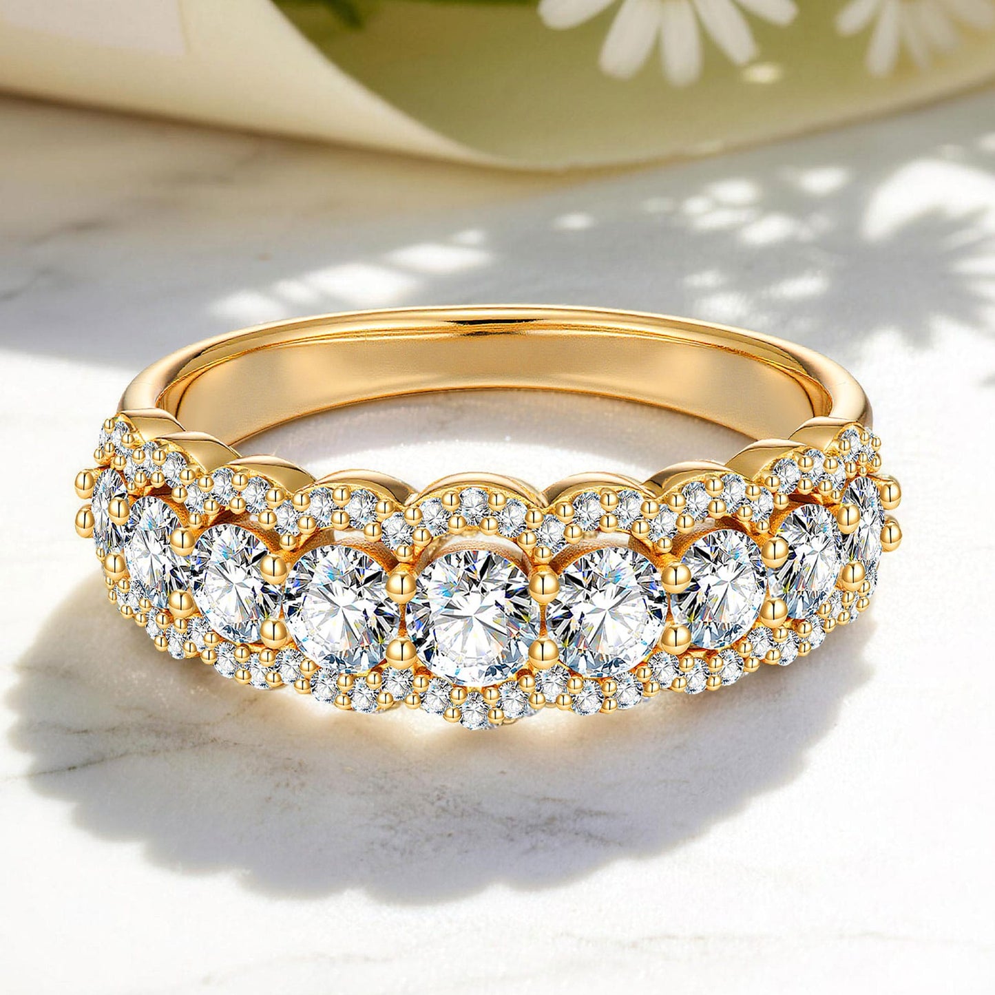 Lab-Certified Round Brilliant Cut Moissanite - Half Eternity Ring 14K Yellow Gold Plated (Includes GRA Certification from Gemological Research Association)