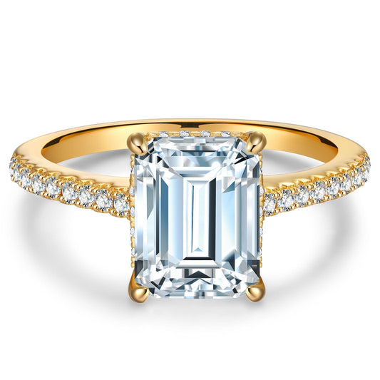 gon- Lab-Grown Emerald Cut Moissanite - Hidden Halo Classic Engagement Ring 14K Gold Plated (Includes GRA Certification from Gemological Research Association)