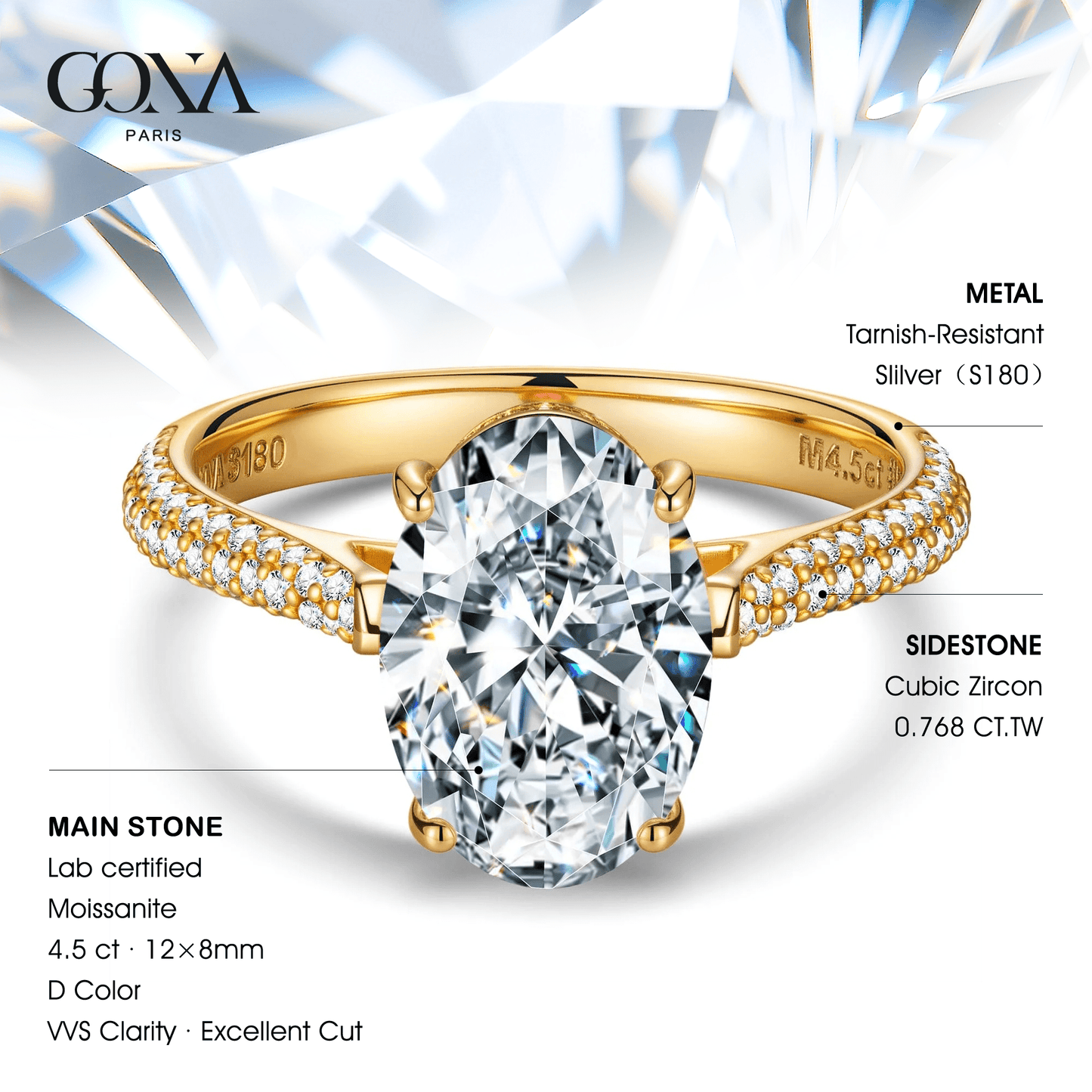 Lab-Certified Oval Brilliant Cut Moissanite - Hidden Halo Classic Engagement Ring 14K Yellow Gold Plated (Includes GRA Certification from Gemological Research Association)