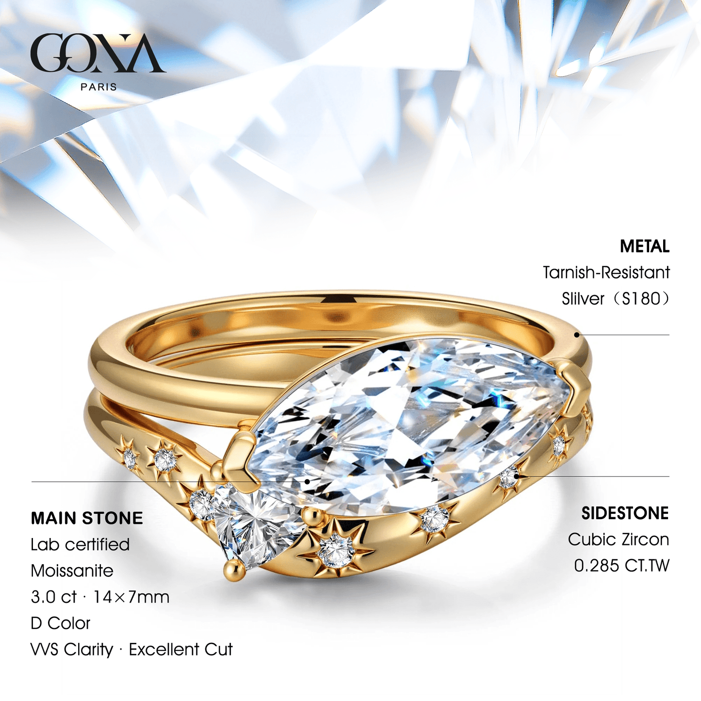 Lab-Certified Marquise Brilliant Cut Moissanite - Classic Stackable Ring Sets 14K Yellow Gold Plated (Includes GRA Certification from Gemological Research Association)