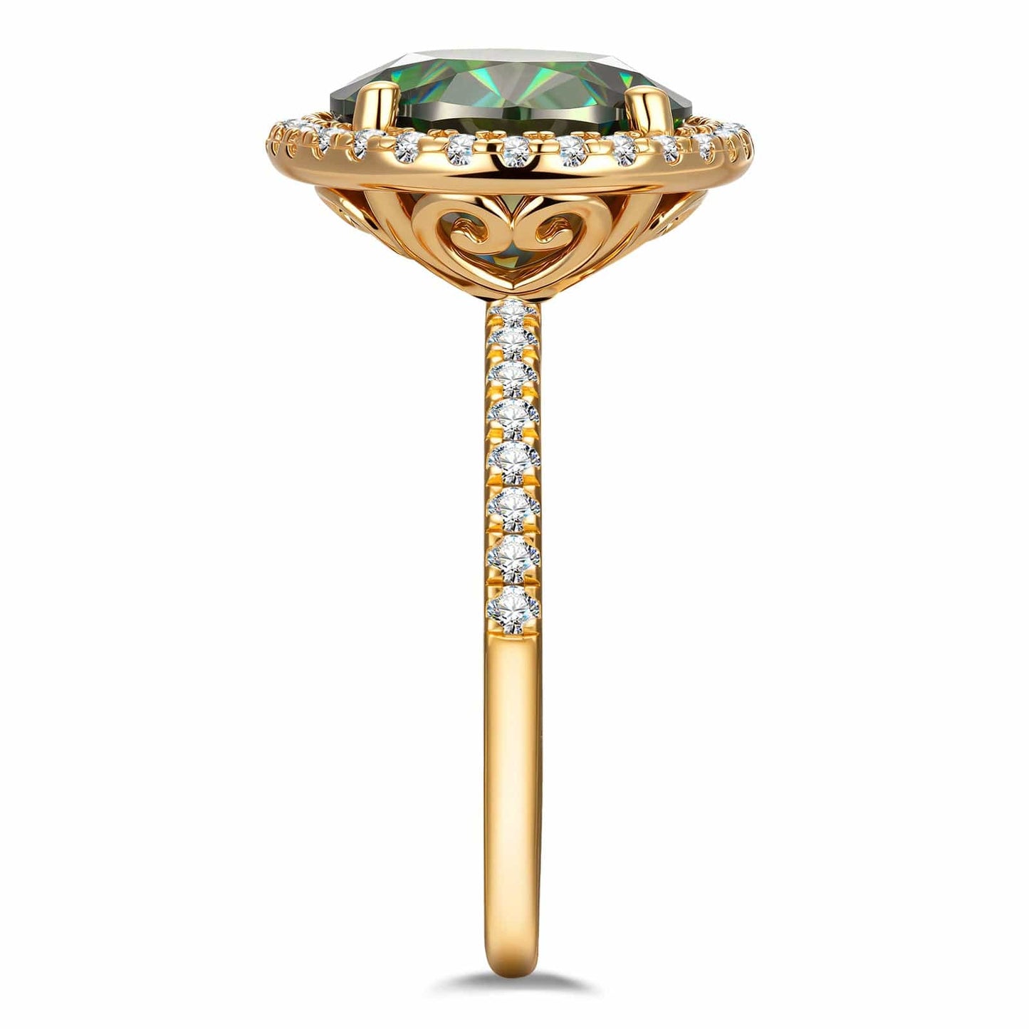 Oval Brilliant Cut Original Blue-Green Hue Lab-Certified Moissanite - Halo Classic Engagement Ring 14K Yellow Gold Plated (Includes GRA Certification from Gemological Research Association)