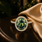 Oval Brilliant Cut Original Blue-Green Hue Lab-Certified Moissanite - Halo Classic Engagement Ring 14K Yellow Gold Plated (Includes GRA Certification from Gemological Research Association)