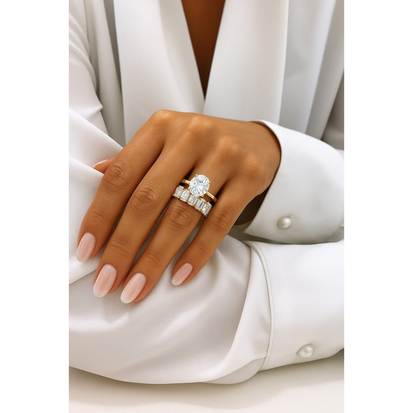 Lab-Certified Emerald Cut Moissanite - Half Eternity Classic Engagement Ring 14K Yellow Gold Plated (Includes GRA Certification from Gemological Research Association)