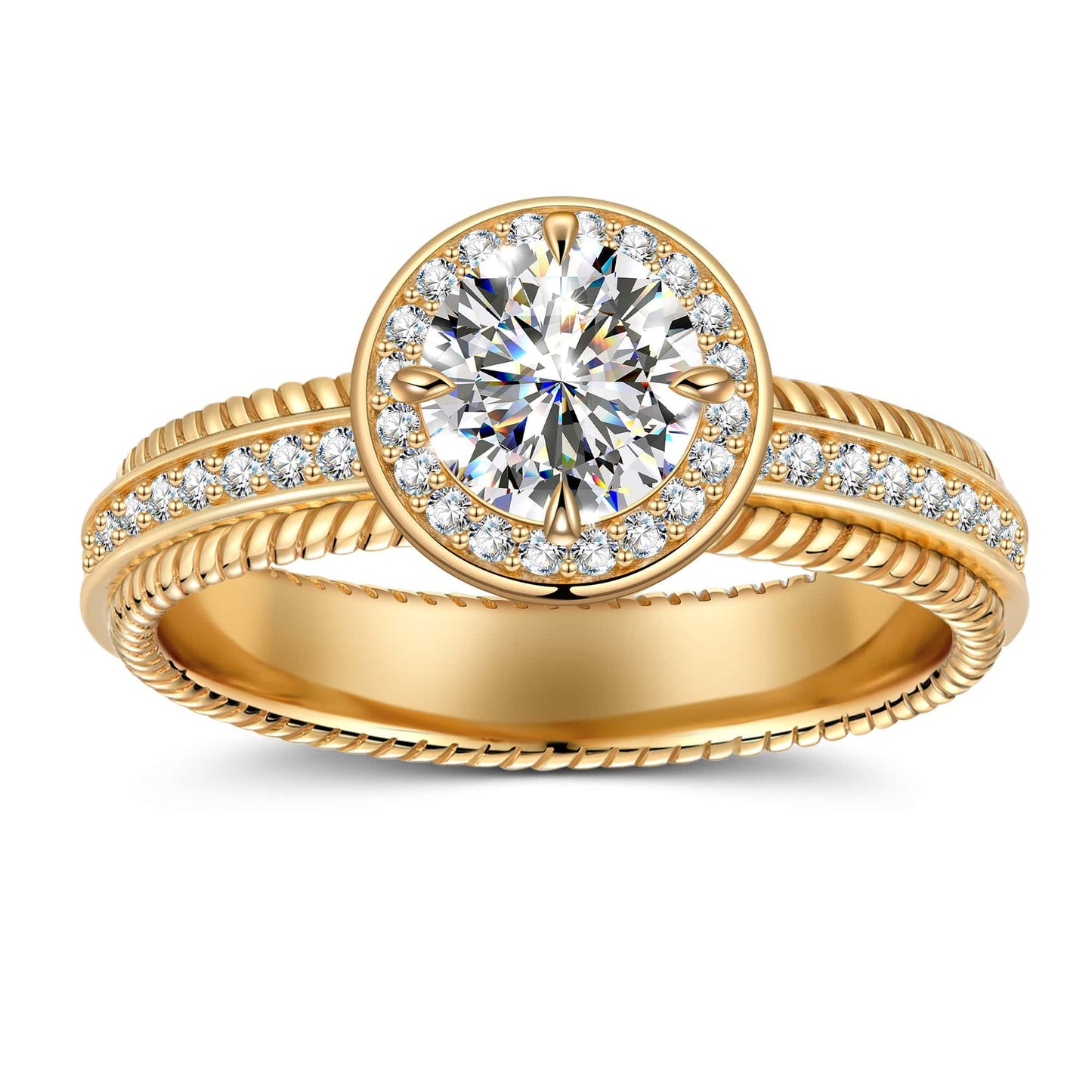 Lab-Certified Round Brilliant Cut Moissanite - Halo Classic Engagement Ring 14K Yellow Gold Plated (Includes GRA Certification from Gemological Research Association)