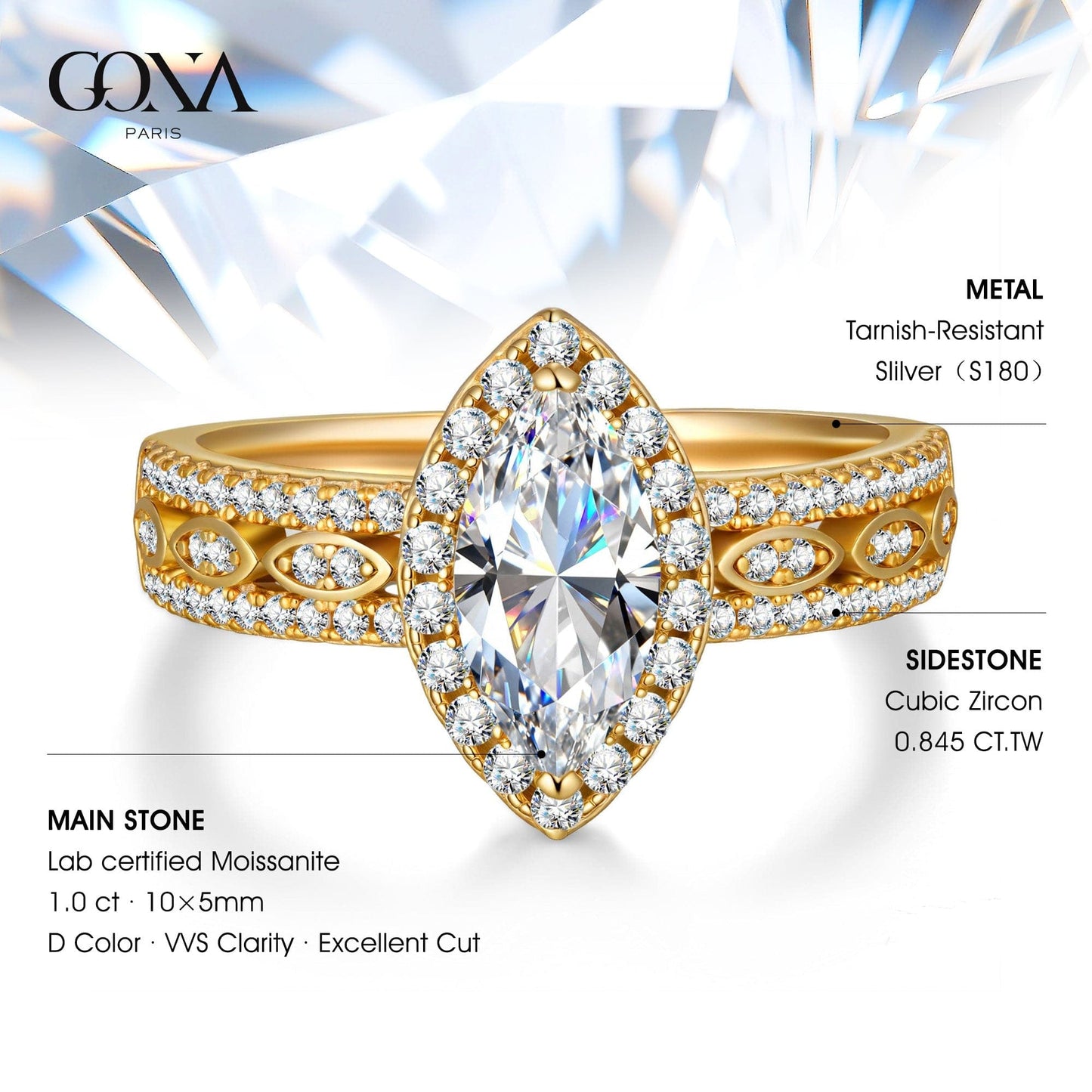 Lab-Certified Marquise Brilliant Cut Moissanite - Halo Classic Engagement Ring 14K Yellow Gold Plated (Includes GRA Certification from Gemological Research Association)