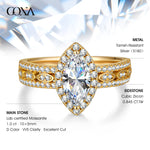 Lab-Certified Marquise Brilliant Cut Moissanite - Halo Classic Engagement Ring 14K Yellow Gold Plated (Includes GRA Certification from Gemological Research Association)