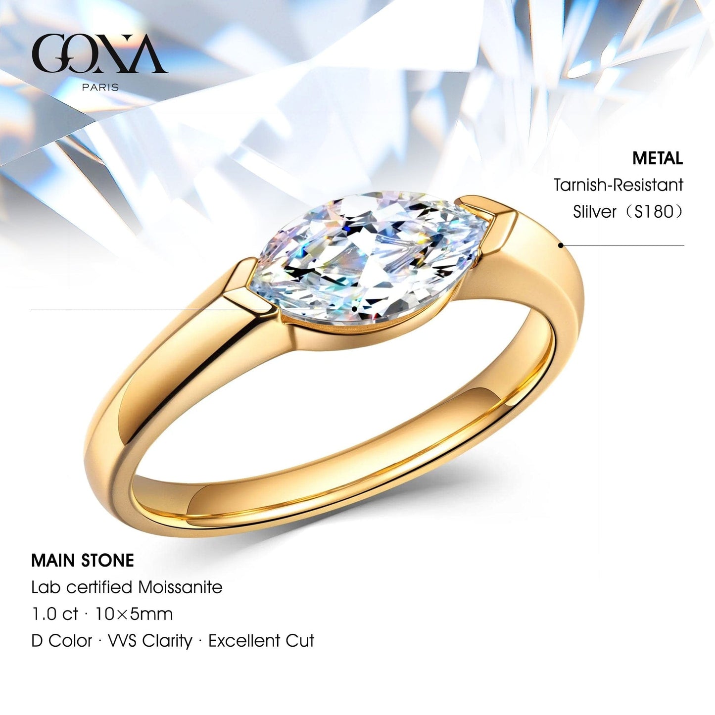 Lab-Certified Marquise Brilliant Cut Moissanite - Solitaire Classic Engagement Ring 14K Yellow Gold Plated (Includes GRA Certification from Gemological Research Association)