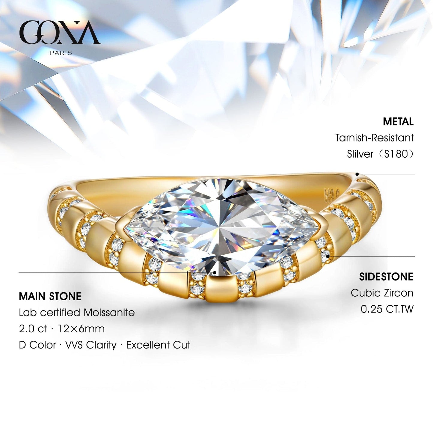 Lab-Certified Marquise Brilliant Cut Moissanite - Halo Classic Engagement Ring 14K Yellow Gold Plated (Includes GRA Certification from Gemological Research Association)