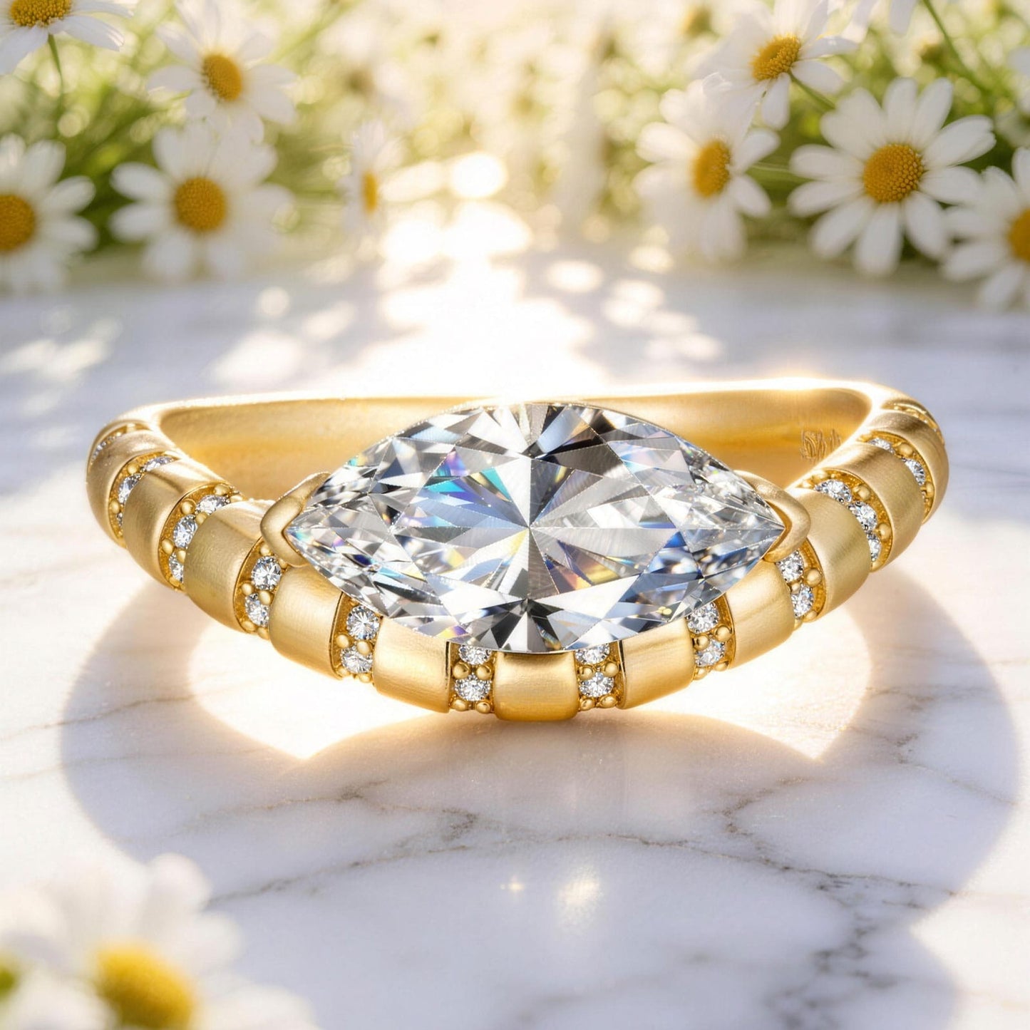 Lab-Certified Marquise Brilliant Cut Moissanite - Halo Classic Engagement Ring 14K Yellow Gold Plated (Includes GRA Certification from Gemological Research Association)