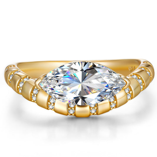 gona- Lab-Certified Marquise Brilliant Cut Moissanite - Halo Classic Engagement Ring 14K Yellow Gold Plated (Includes GRA Certification from Gemological Research Association)