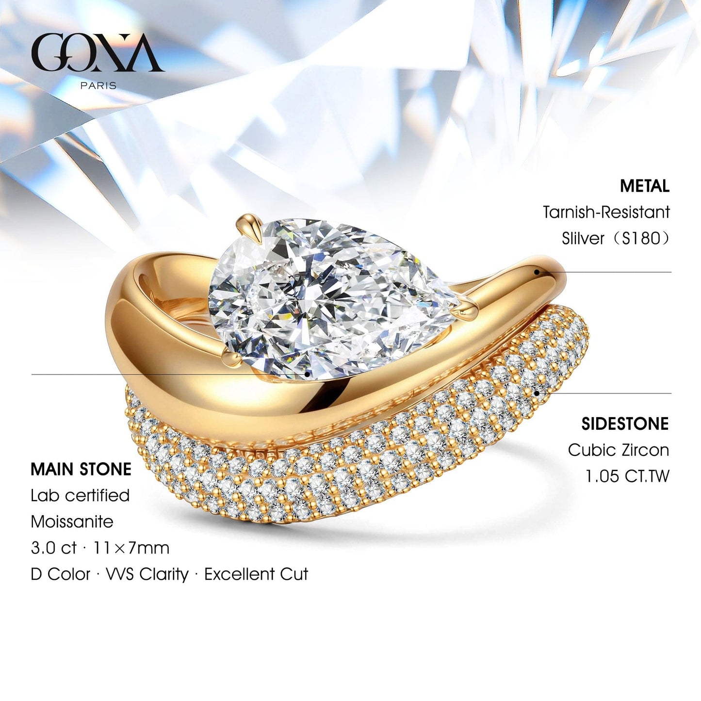 Lab-Certified Pear Brilliant Cut Moissanite - Classic Stackable Ring Sets 14K Yellow Gold Plated (Includes GRA Certification from Gemological Research Association)