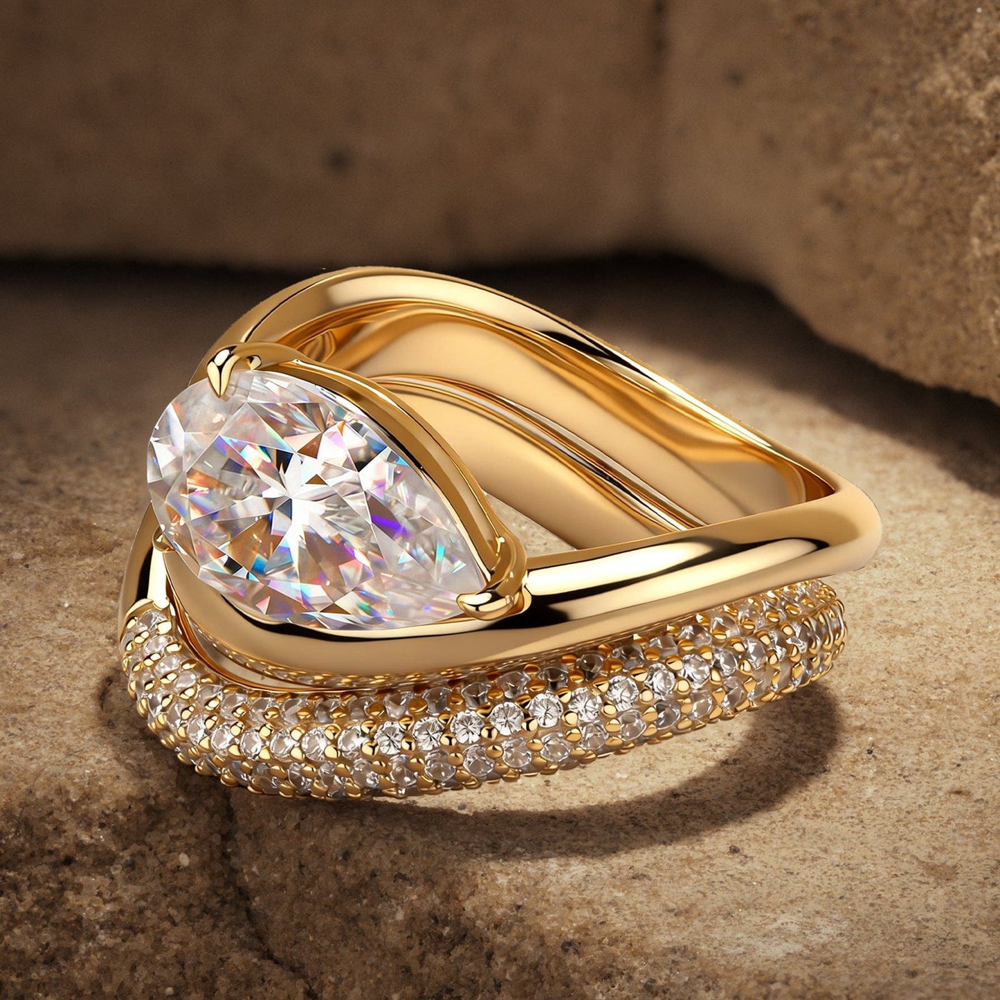 Lab-Certified Pear Brilliant Cut Moissanite - Classic Stackable Ring Sets 14K Yellow Gold Plated (Includes GRA Certification from Gemological Research Association)