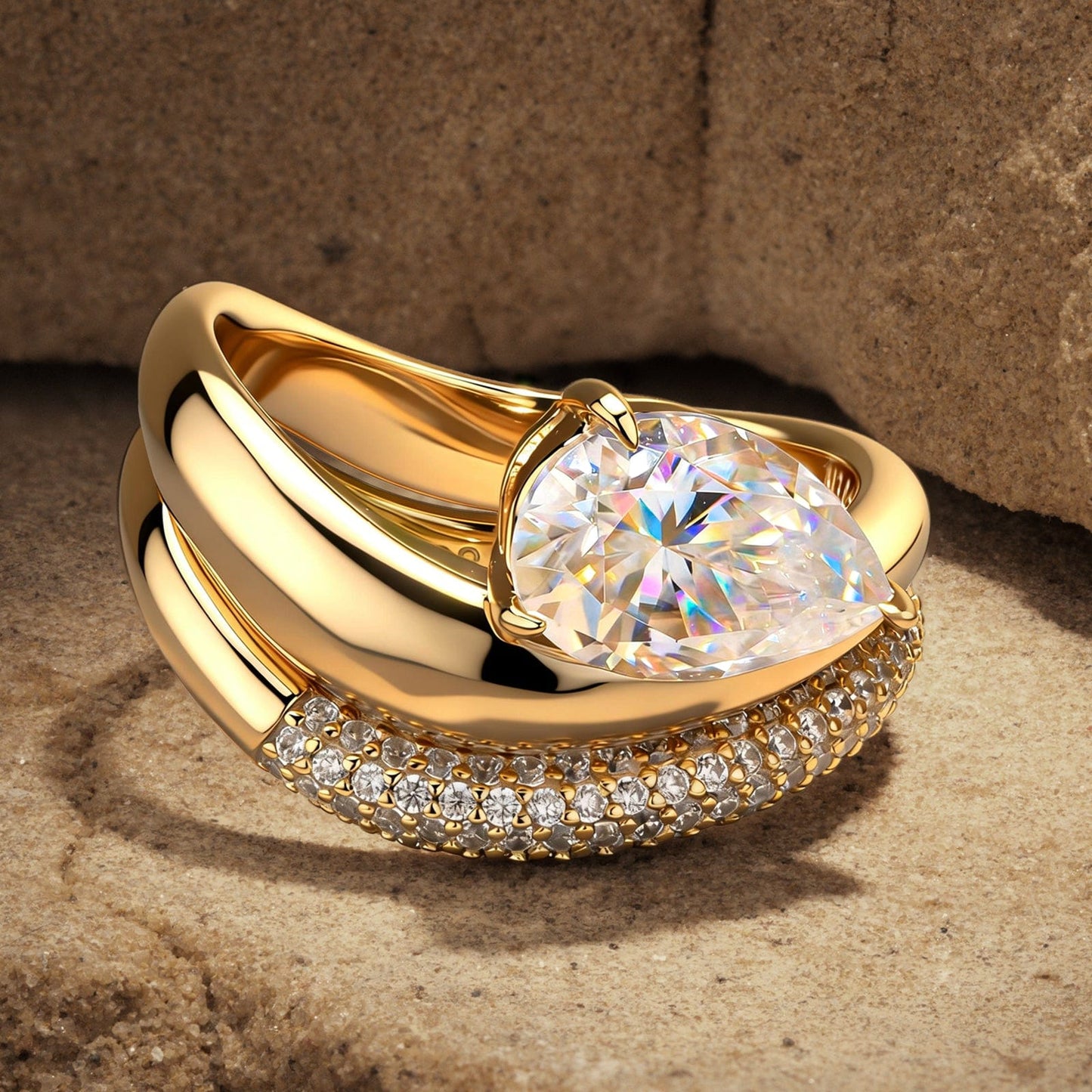 Lab-Certified Pear Brilliant Cut Moissanite - Classic Stackable Ring Sets 14K Yellow Gold Plated (Includes GRA Certification from Gemological Research Association)