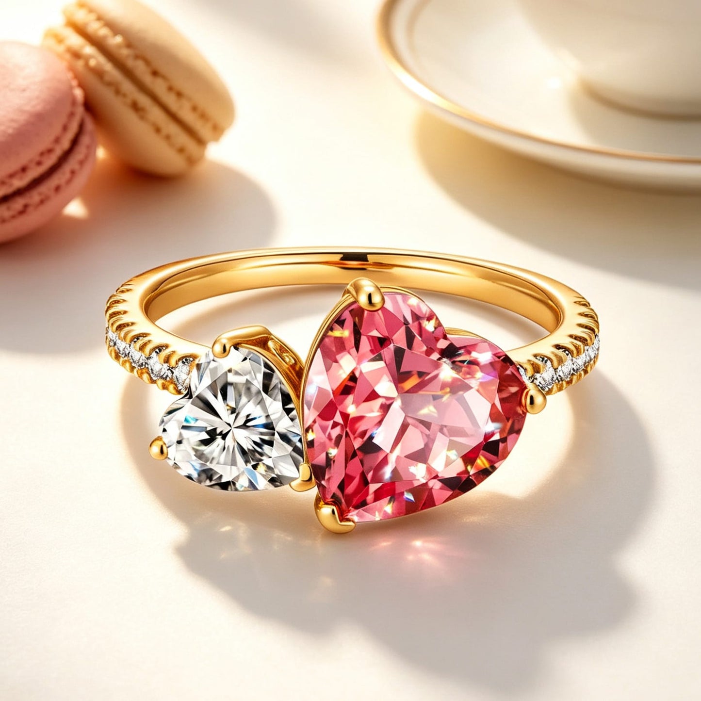 Heart Brilliant Cut Fancy Vivid Sunset Peach Hue Lab-Certified Padparadscha Sapphire and Heart Brilliant Cut Lab-Certified Moissanite - Two Stone Classic Engagement Ring 14K Yellow Gold Plated (Includes GRC Certification from Gemstone Research Center)