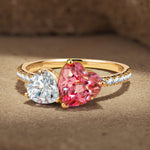 Heart Brilliant Cut Fancy Vivid Sunset Peach Hue Lab-Certified Padparadscha Sapphire and Heart Brilliant Cut Lab-Certified Moissanite - Two Stone Classic Engagement Ring 14K Yellow Gold Plated (Includes GRC Certification from Gemstone Research Center)