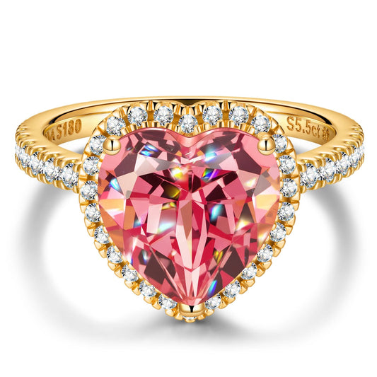 gona- Lab-Grown Heart Brilliant Cut Dreamy Orangish-Pink Padparadscha Sapphire - Halo Classic Engagement Ring 14K Yellow Gold Plated (Includes GRC Certification from Gemstone Research Center)