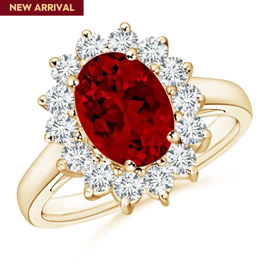 Lab-Grown Oval Brilliant Cut Ruby - Halo Classic Engagement Ring 14K Yellow Gold Plated