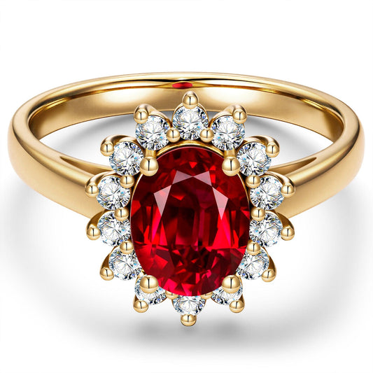 gon- Lab-Grown Oval Brilliant Cut Ruby - Halo Classic Engagement Ring 14K Yellow Gold Plated (Includes GRC Certification from International Gemological Institute)