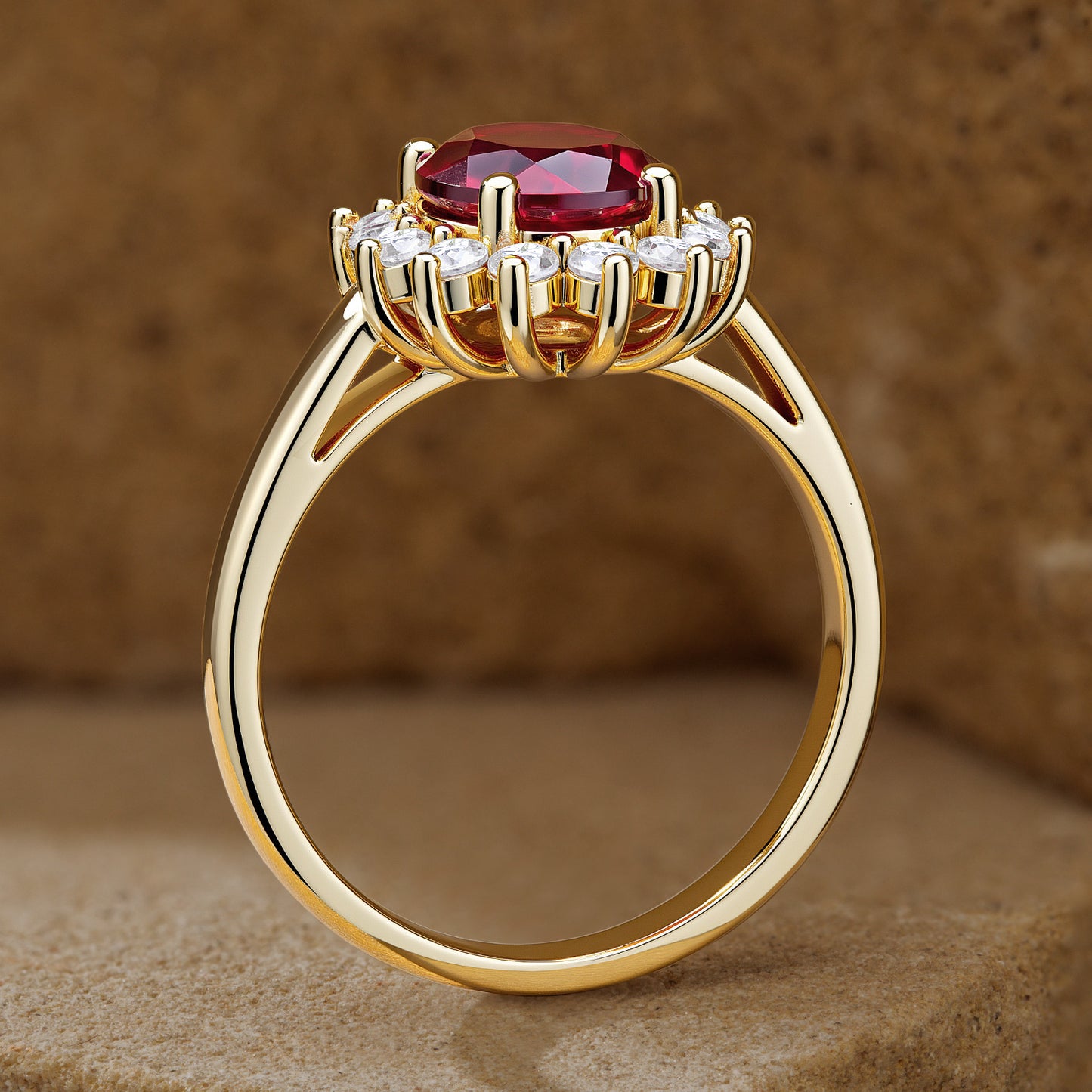 Lab-Grown Oval Brilliant Cut Ruby - Halo Classic Engagement Ring 14K Yellow Gold Plated (Includes GRC Certification from International Gemological Institute)