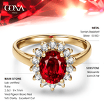 Oval Brilliant Cut Vivid Pigeon Blood Red Lab-Certified Ruby - Halo Classic Engagement Ring 14K Yellow Gold Plated (Includes GRC Certification from Gemstone Research Center)