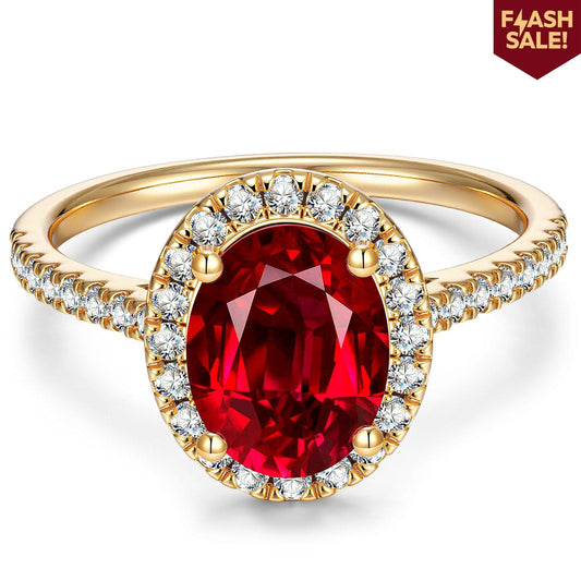 gona- Lab-Grown Oval Brilliant Cut Ruby - Halo Classic Engagement Ring 14K Yellow Gold Plated (Includes GRC Certification from Gemstone Research Center)